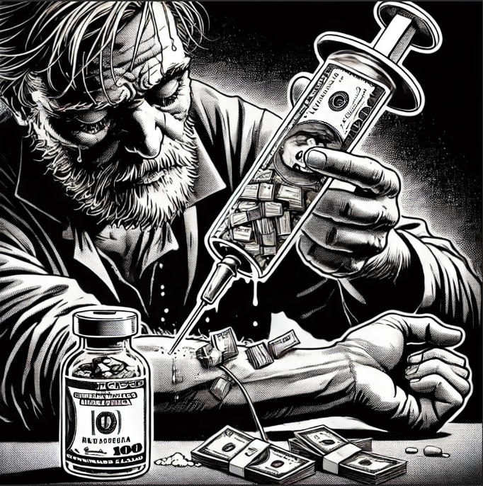 Down and out man injecting dollars through a syringe